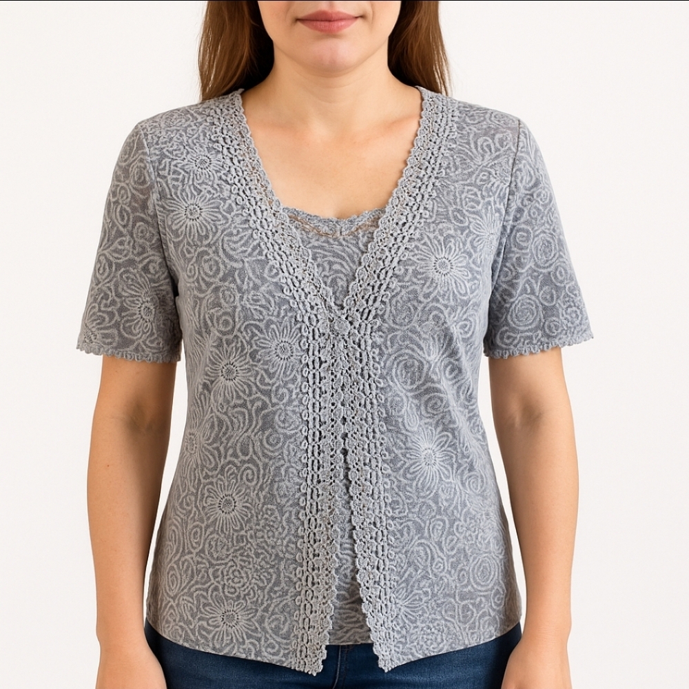 Chances R Gray Romantic Lace Feminine 2 Layer Short Sleeve Sweater Sz Med